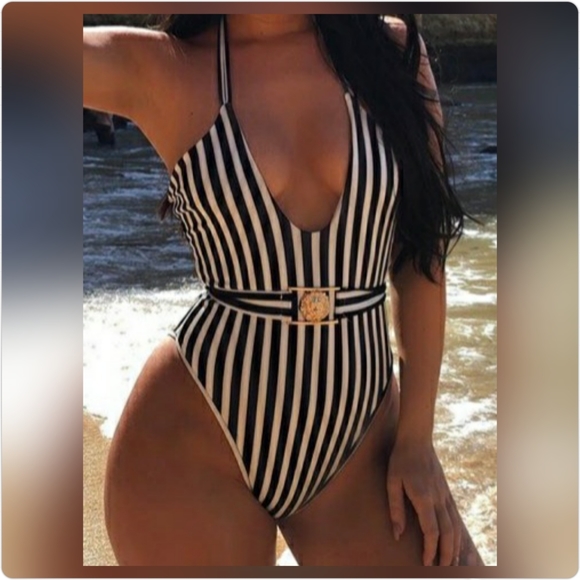PLT Black Mono Stripe Lion Belted Swimsuit - Picture 3 of 5